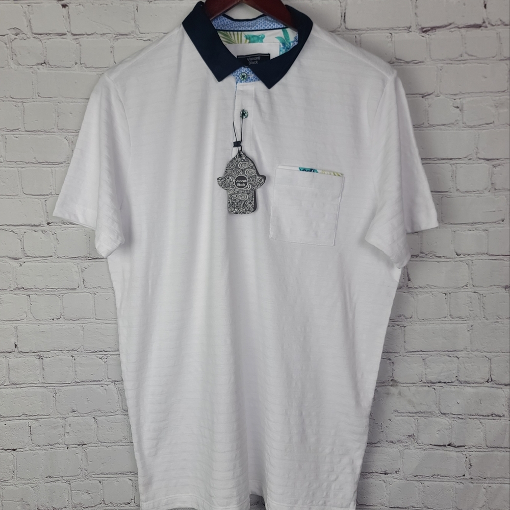 Visconti Black  Label Polo. White with floral details. Men's Sz M